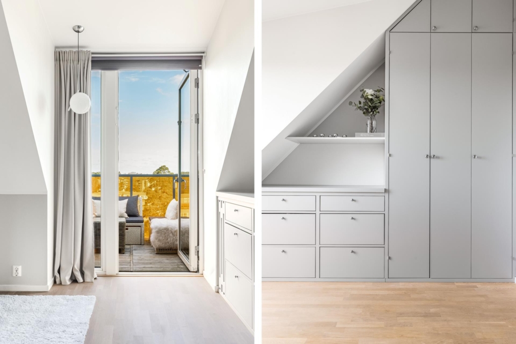 Välkommen till denna mycket exklusiva takvåning med två balkonger och 6 m i takhöjd.