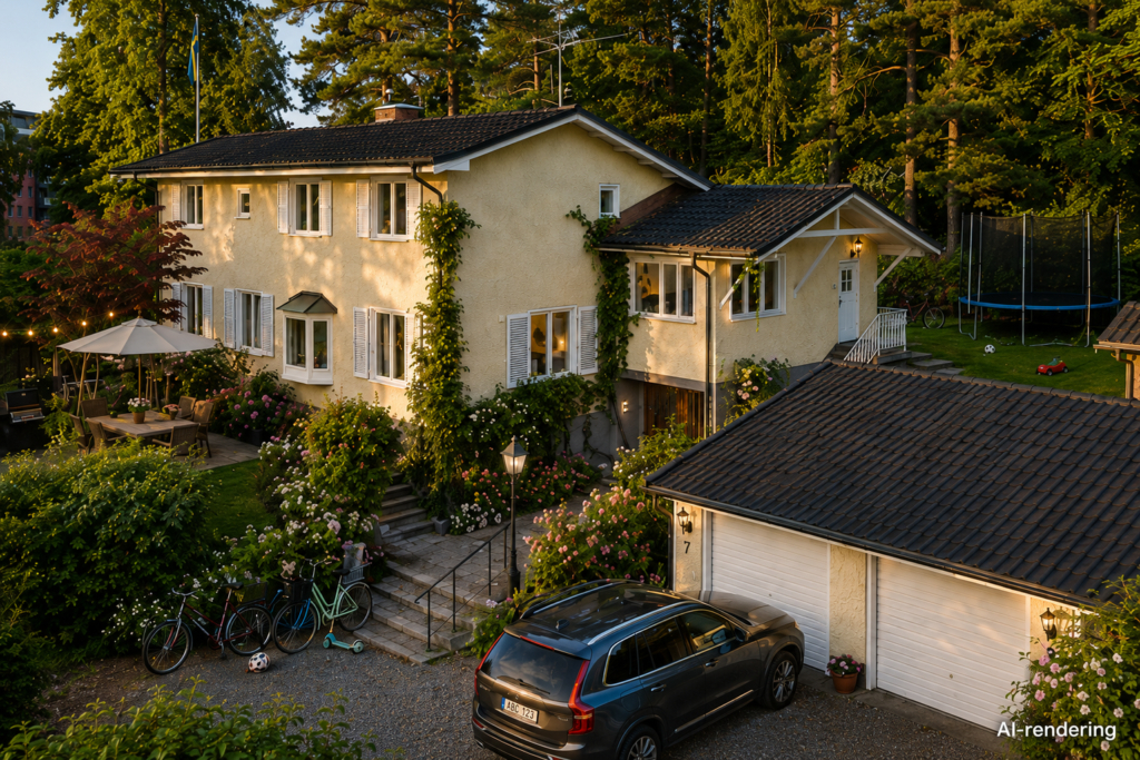 Unik arkitektritad villa i etage med stor utvecklingspotential och attraktivt läge vid Edsviken.